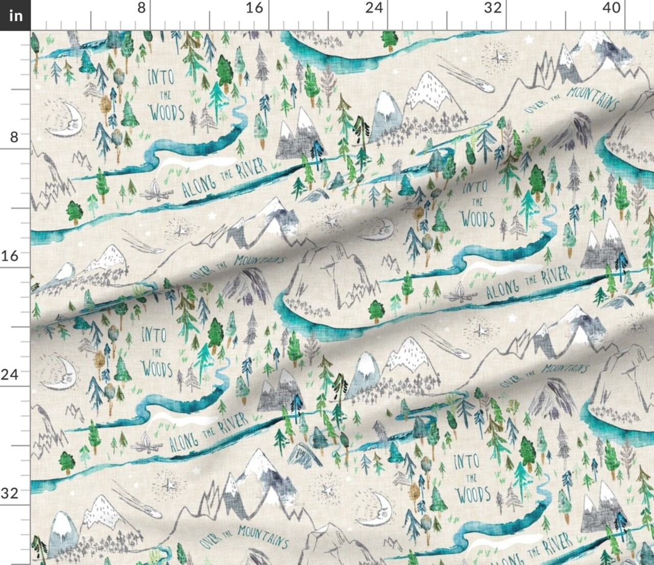 Map Kid'S Outdoors Woodland Mountains Woods River Forest Trees Custom Printed Fabric by Spoonflower Various Fabrics by the Yard or Fat Quarter